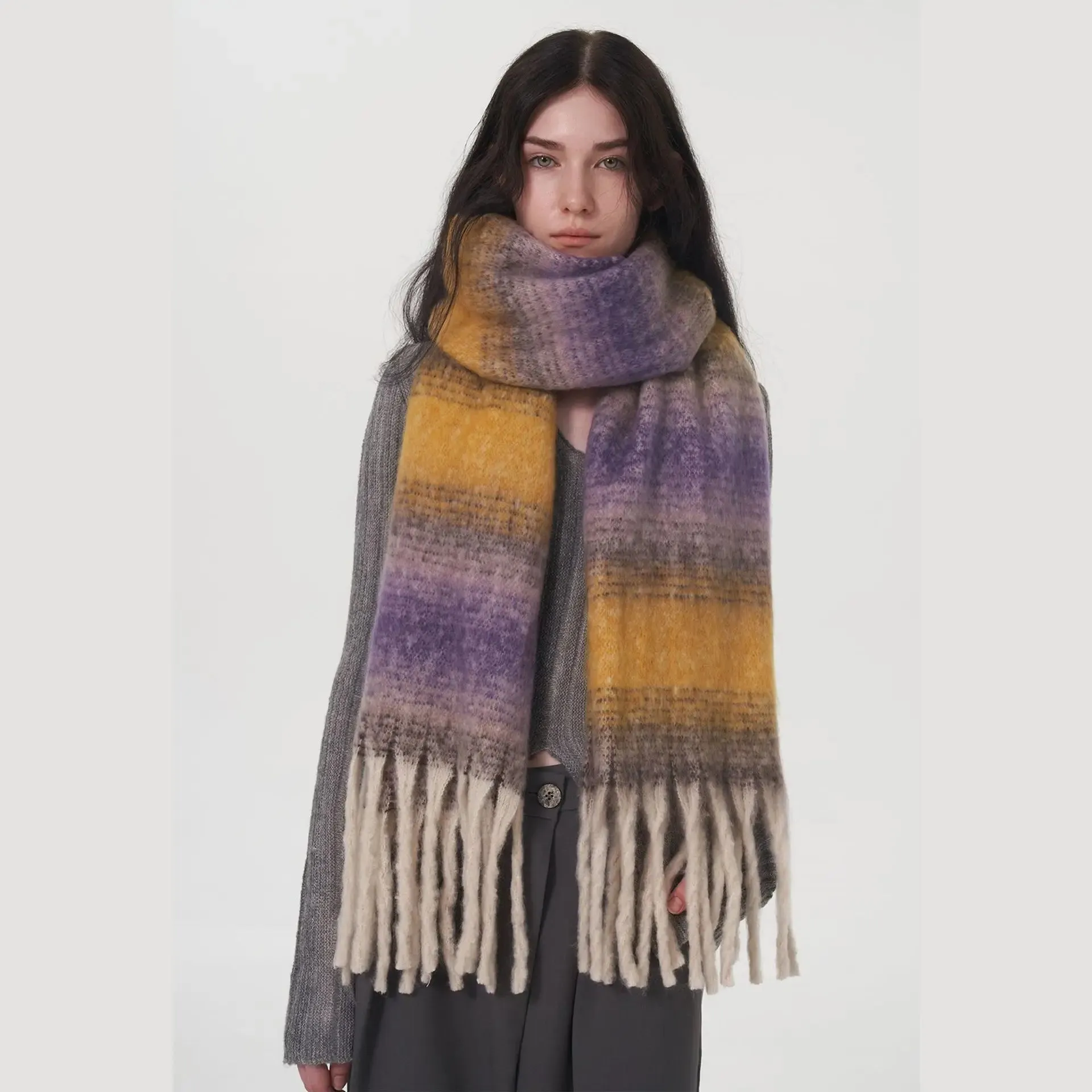 Gradient Color Block Cashmere Comfort Stripe Tassel Simple Fashion Long Muffler Scarf