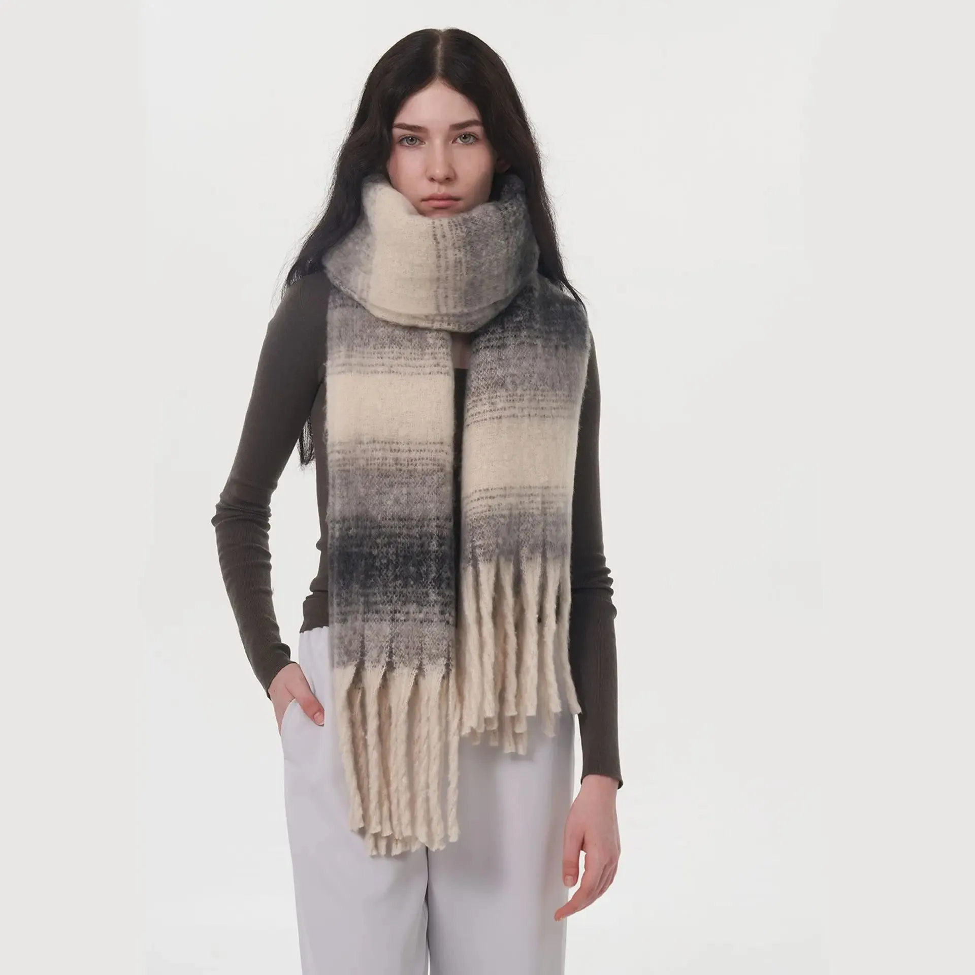 Gradient Color Block Cashmere Comfort Stripe Tassel Simple Fashion Long Muffler Scarf