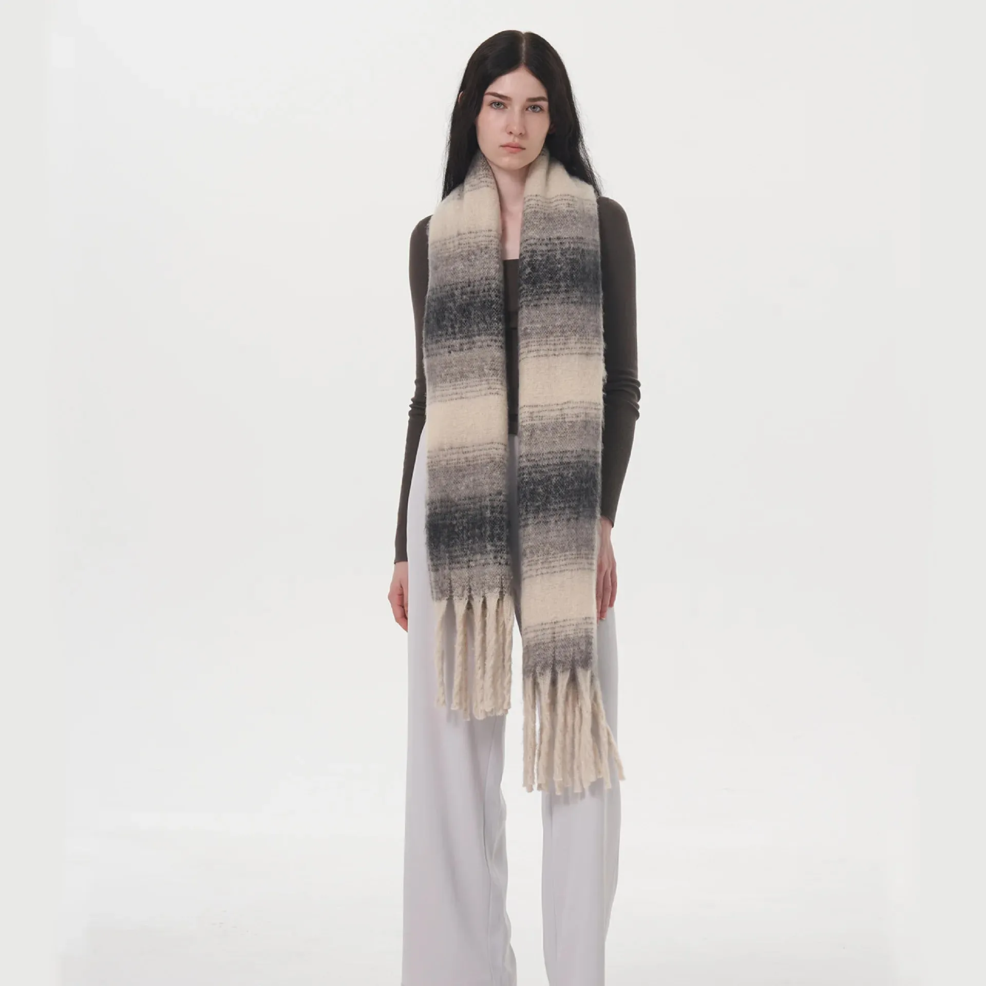 Gradient Color Block Cashmere Comfort Stripe Tassel Simple Fashion Long Muffler Scarf