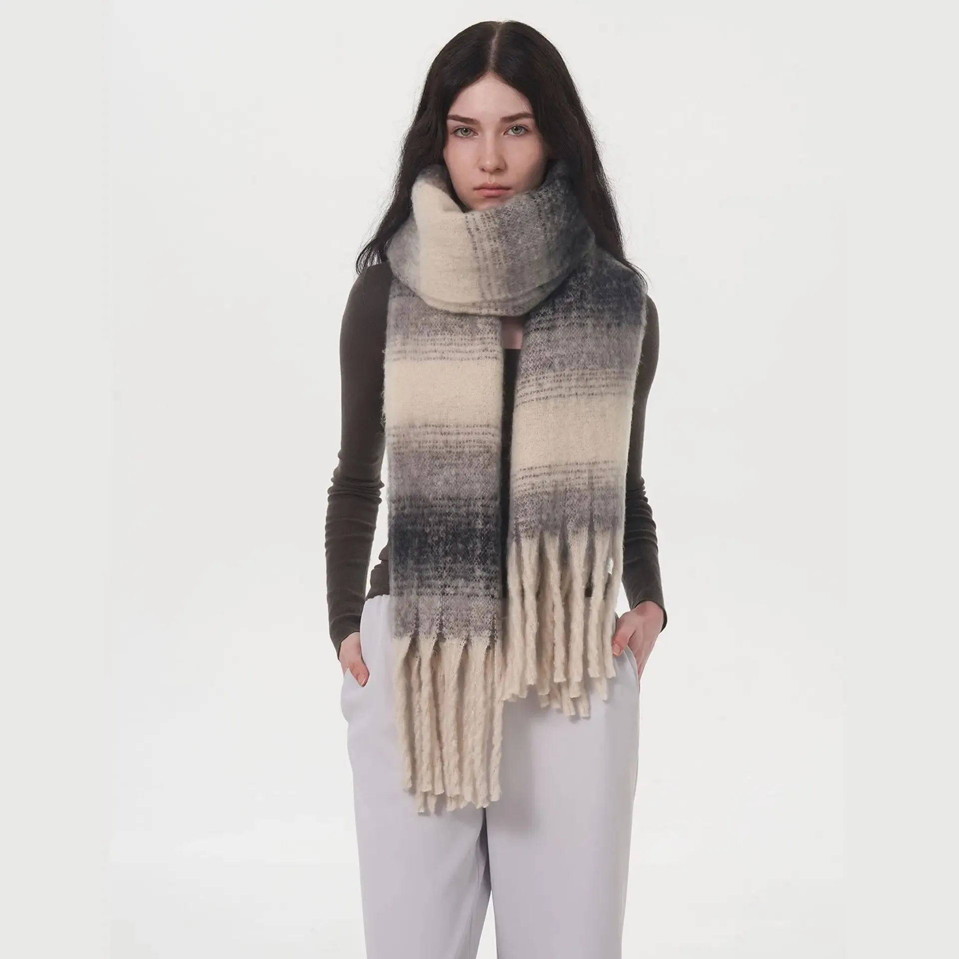 Gradient Color Block Cashmere Comfort Stripe Tassel Simple Fashion Long Muffler Scarf