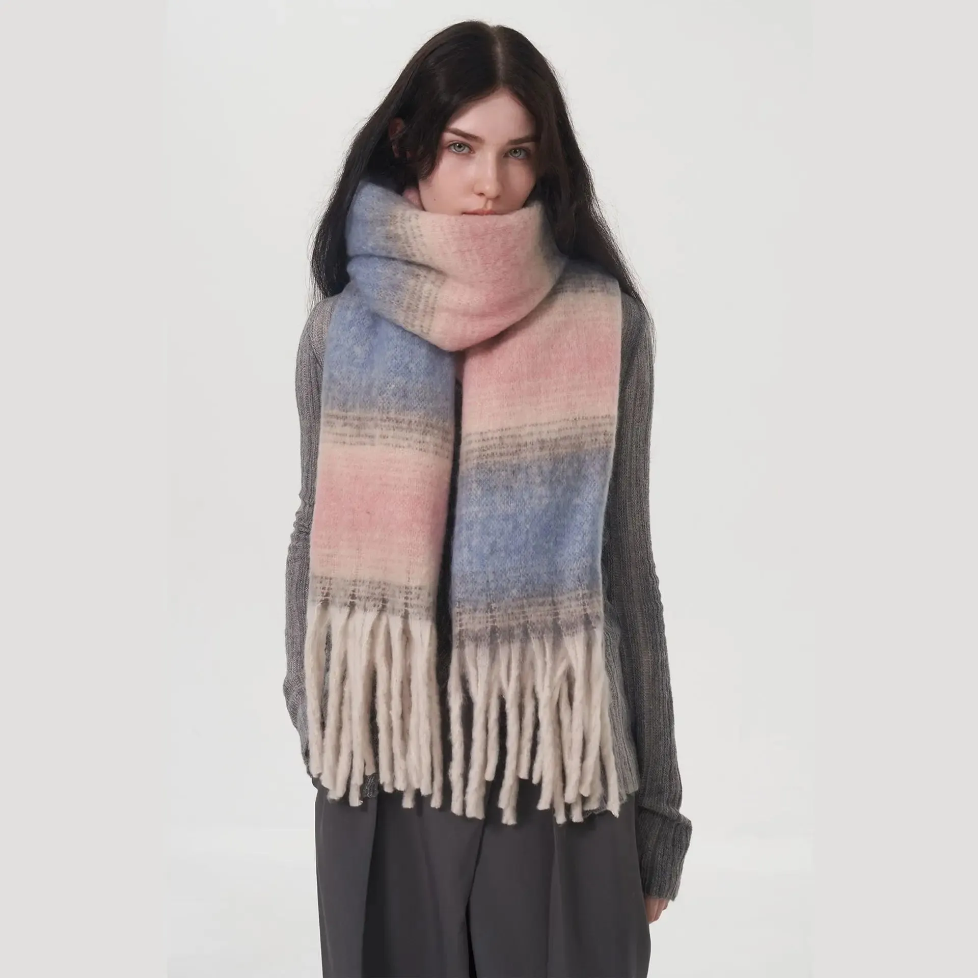 Gradient Color Block Cashmere Comfort Stripe Tassel Simple Fashion Long Muffler Scarf