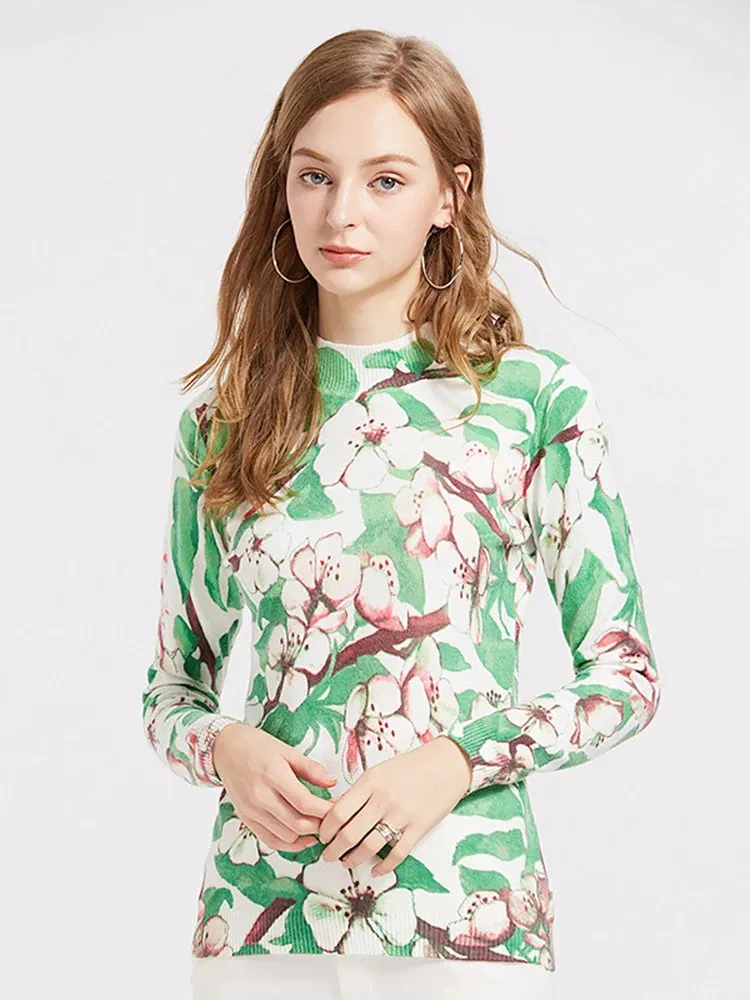 Green Floral Print Tops Fall Winter Women Mock Neck Long Sleeve Pullover Sweater Slim Stretchy Tee Casual Clothes  B-022