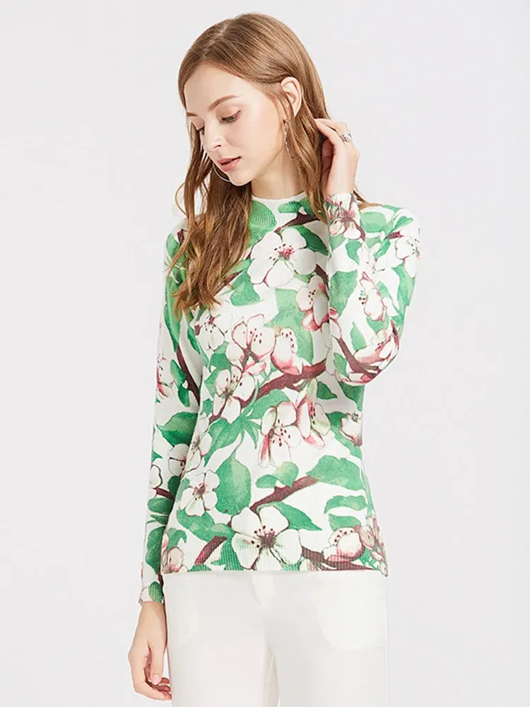 Green Floral Print Tops Fall Winter Women Mock Neck Long Sleeve Pullover Sweater Slim Stretchy Tee Casual Clothes  B-022