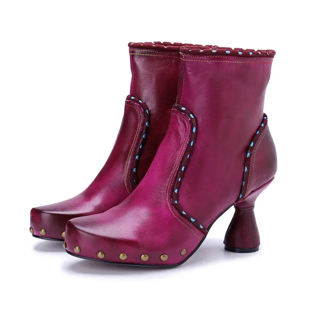 Handmade Leather Rivet High Heel Short Boots for Women