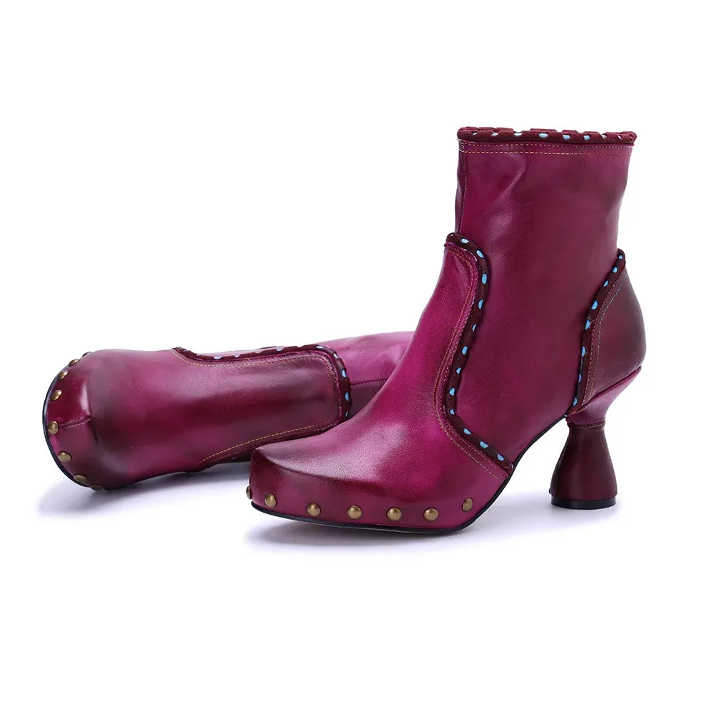 Handmade Leather Rivet High Heel Short Boots for Women