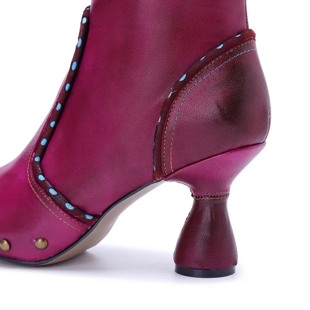 Handmade Leather Rivet High Heel Short Boots for Women