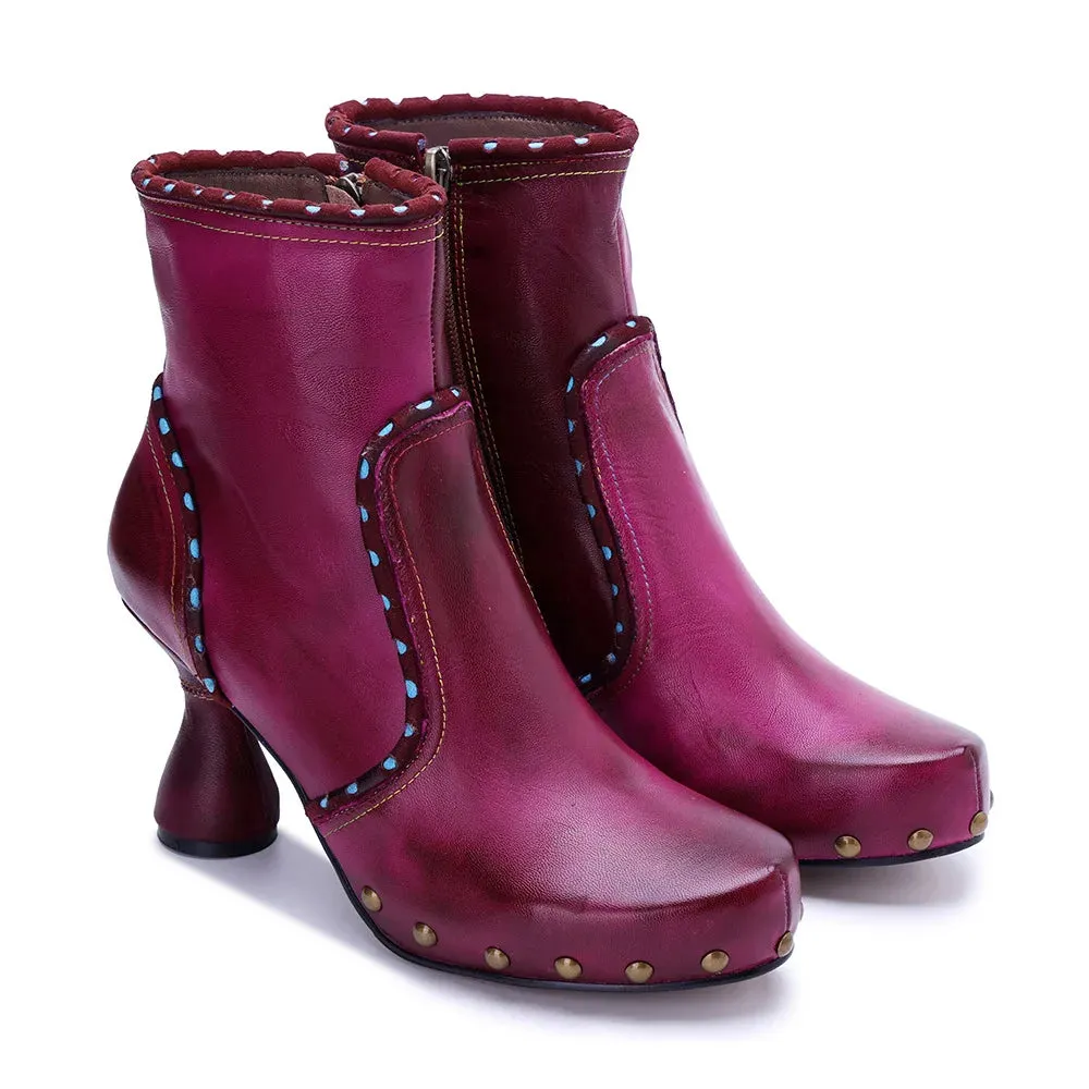 Handmade Leather Rivet High Heel Short Boots for Women