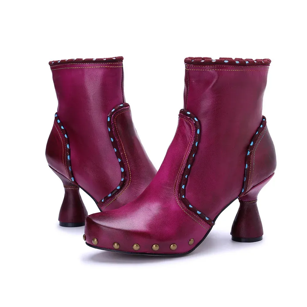 Handmade Leather Rivet High Heel Short Boots for Women