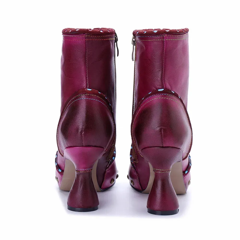 Handmade Leather Rivet High Heel Short Boots for Women