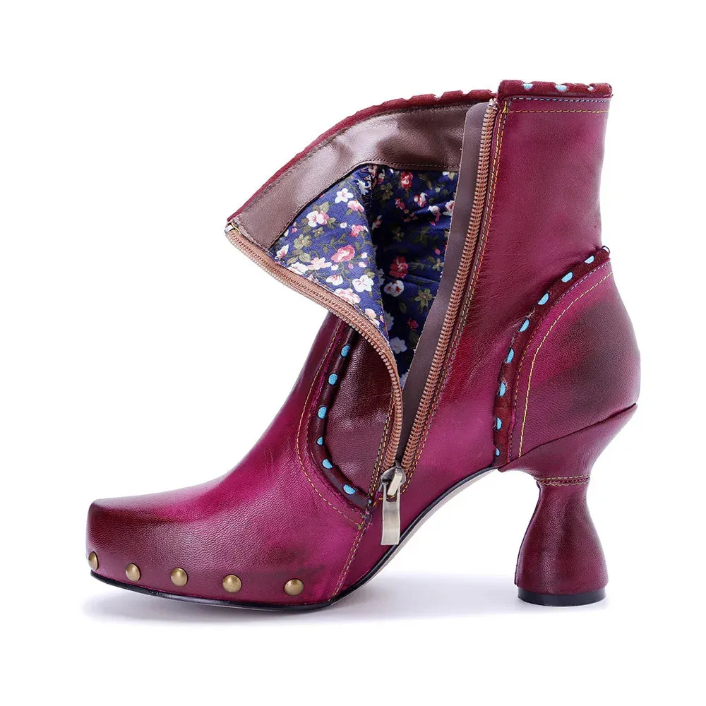 Handmade Leather Rivet High Heel Short Boots for Women