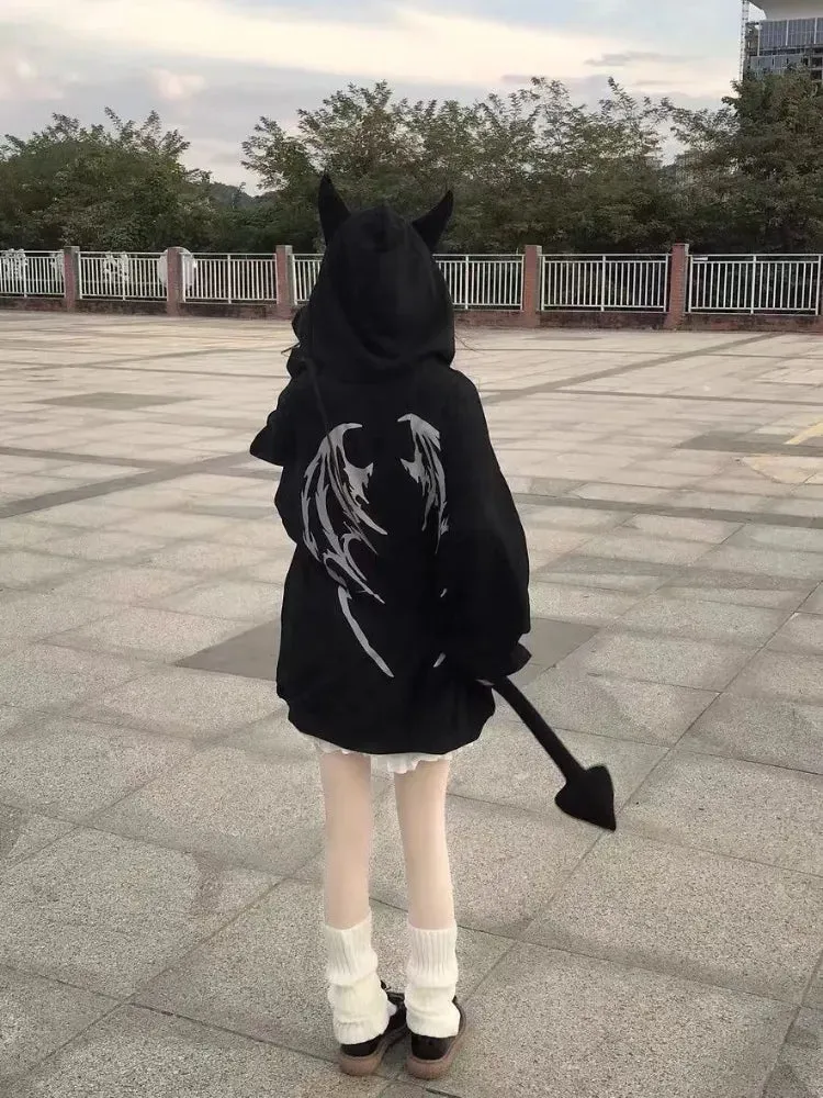 Harajuku Hoodie Women Y2k Gothic Punk Devil Hoodie Casula Kawaii Hip Hop Zipper Sweatshirt Female Jacket Fashion