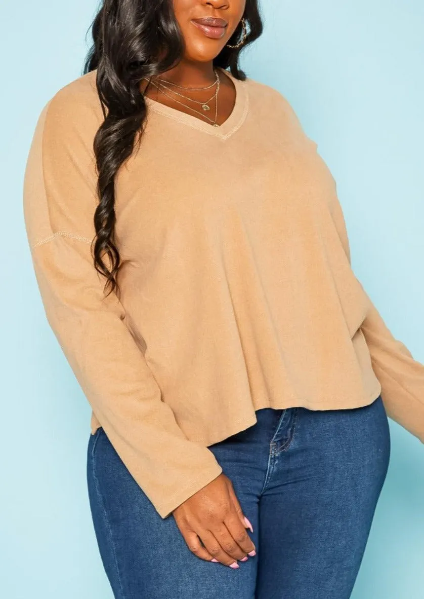 Hi Curvy Plus Size Basic V Neck Long Sleeve Top