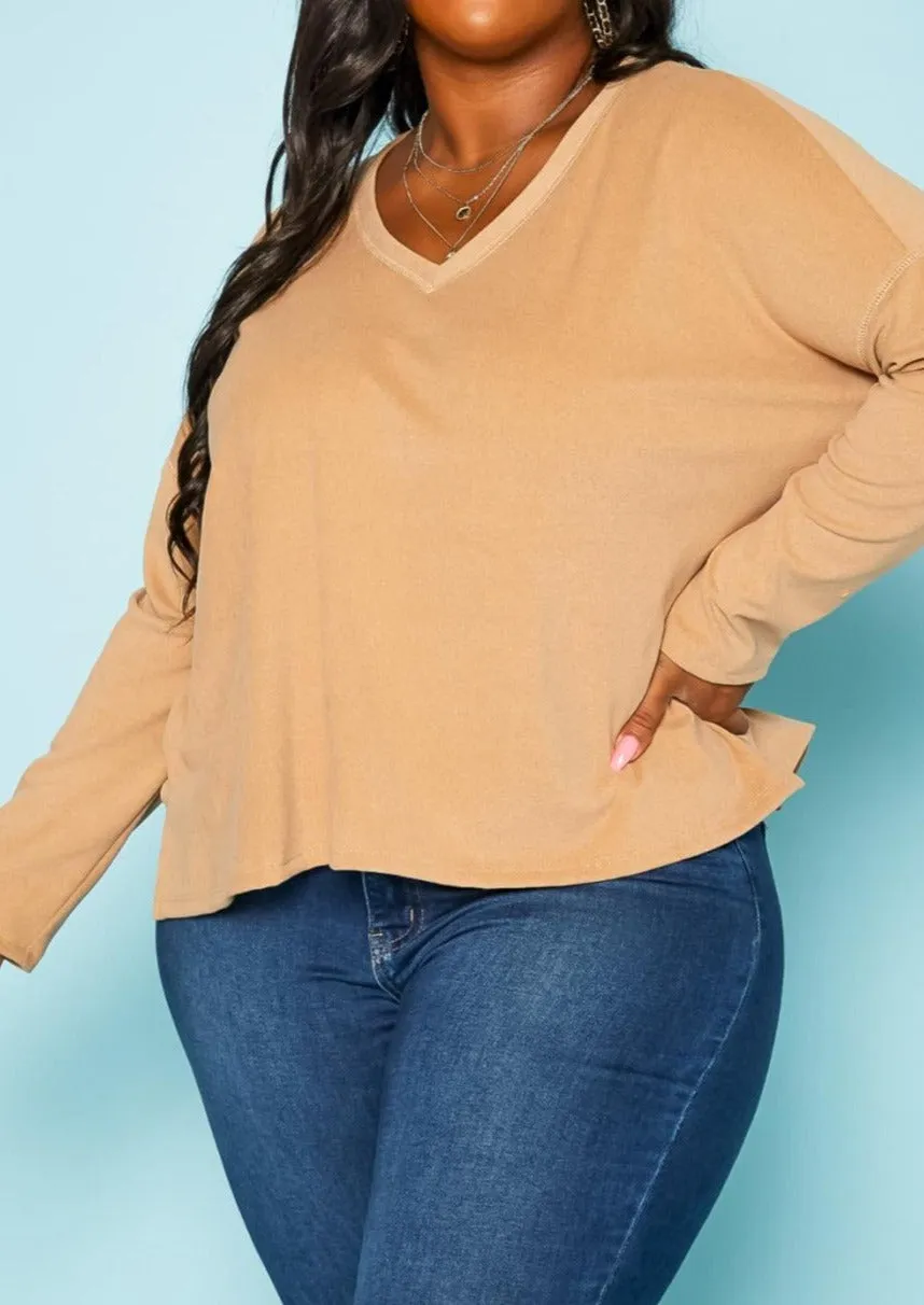 Hi Curvy Plus Size Basic V Neck Long Sleeve Top