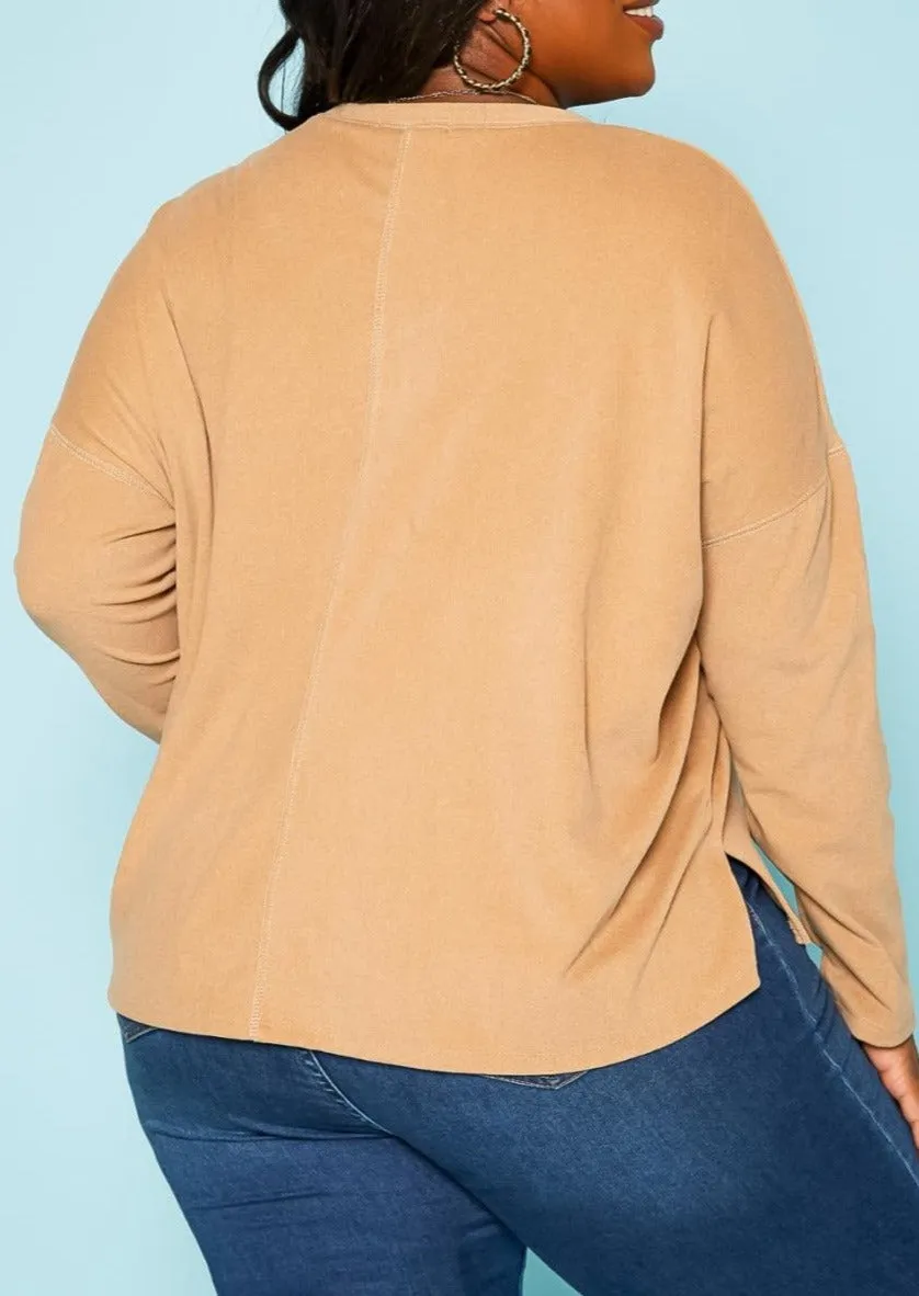 Hi Curvy Plus Size Basic V Neck Long Sleeve Top