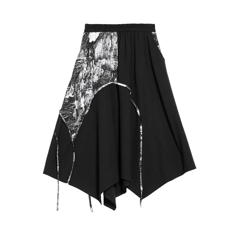 Ink Print Patchwork Irregular Mid-Length A-Line Skirt