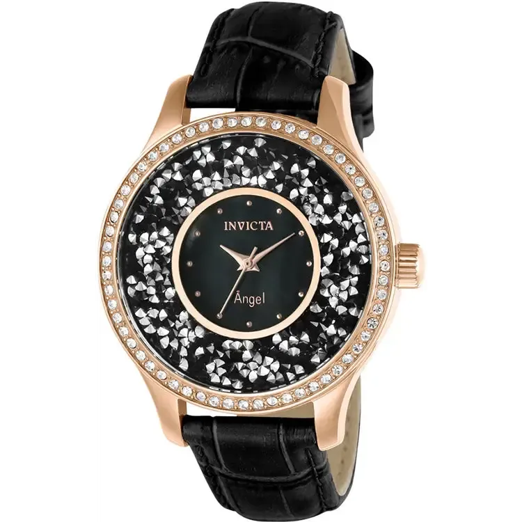 Invicta Women's Angel Rose Gold-Plated S. Steel Black Leather Watch 24565