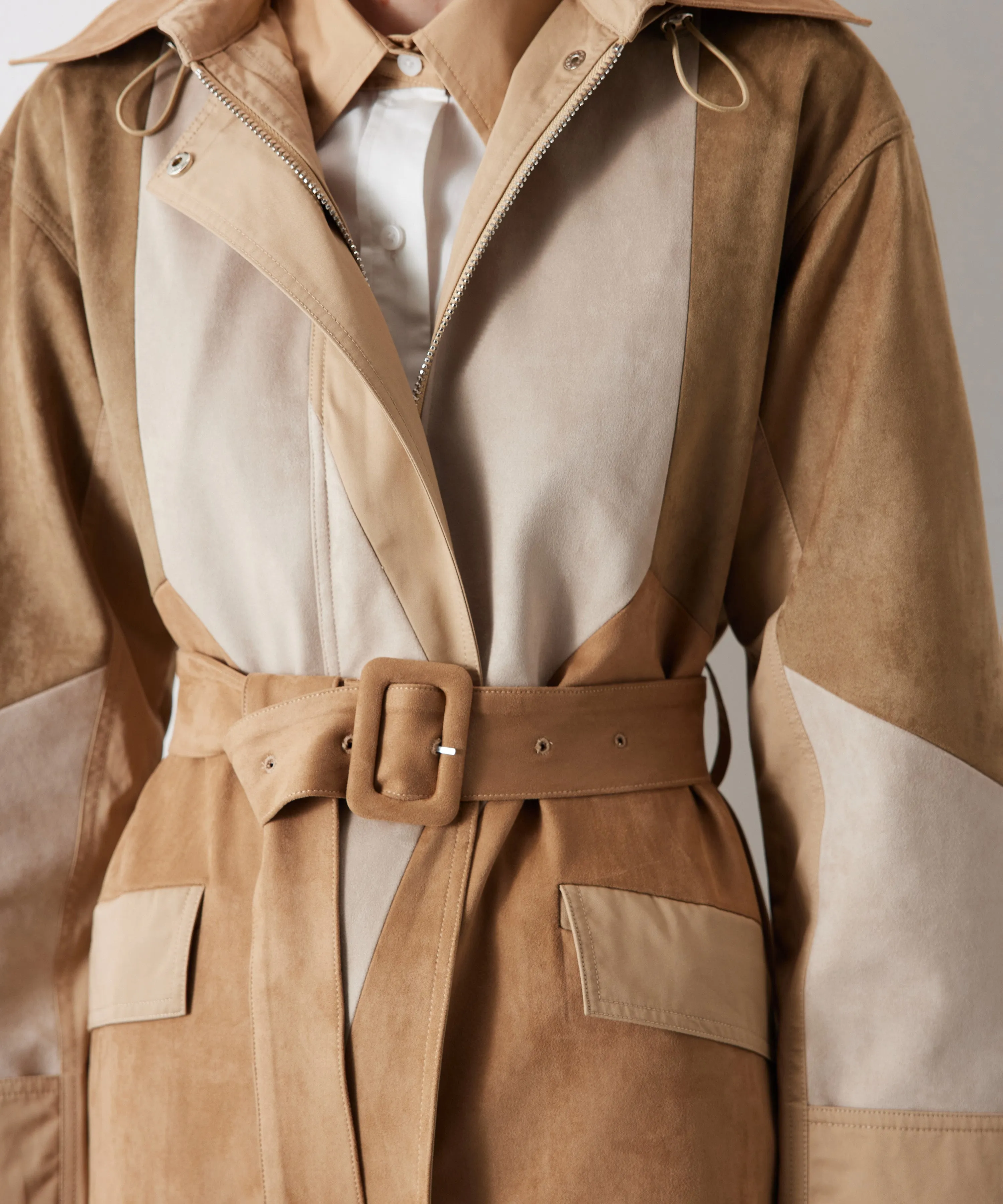 Ipekyol Color Block Suede Garnished Trench Coat Natural