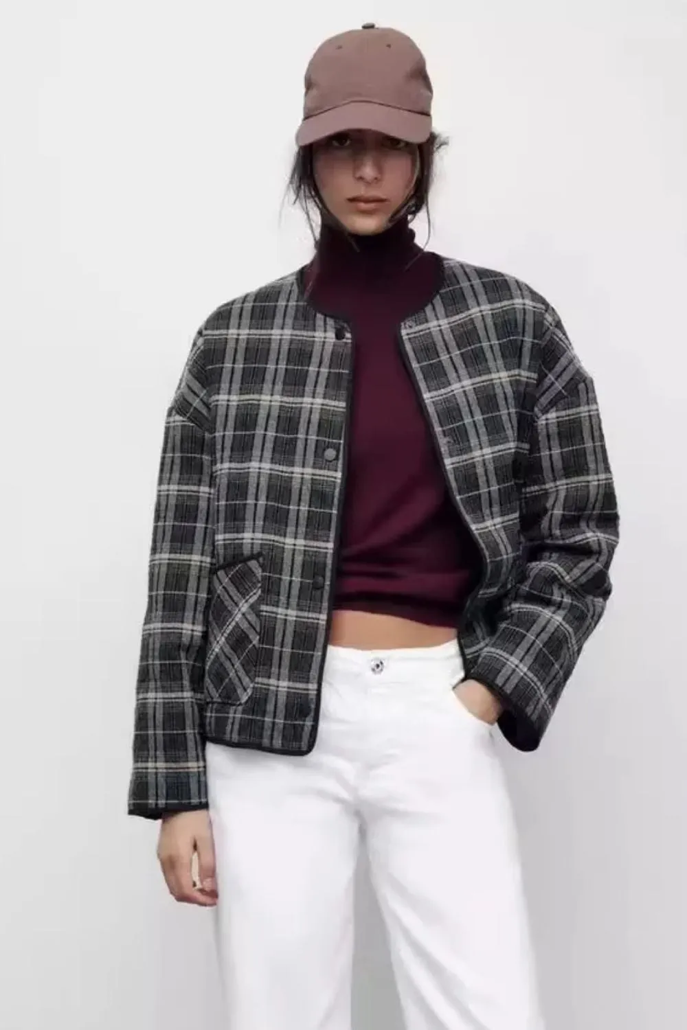 'Justine' Stylish Plaid Round-Neck Cotton Jacket