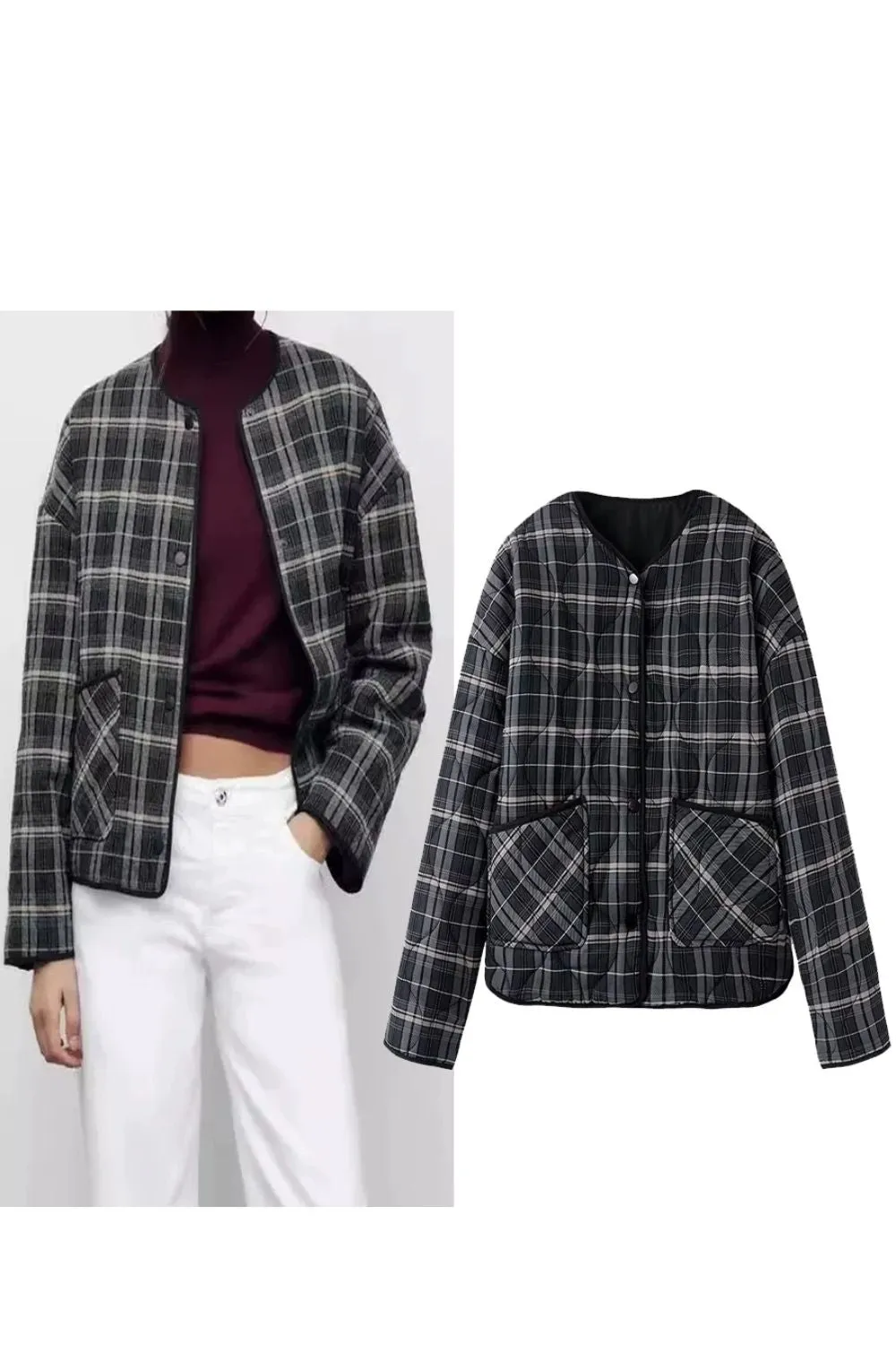 'Justine' Stylish Plaid Round-Neck Cotton Jacket