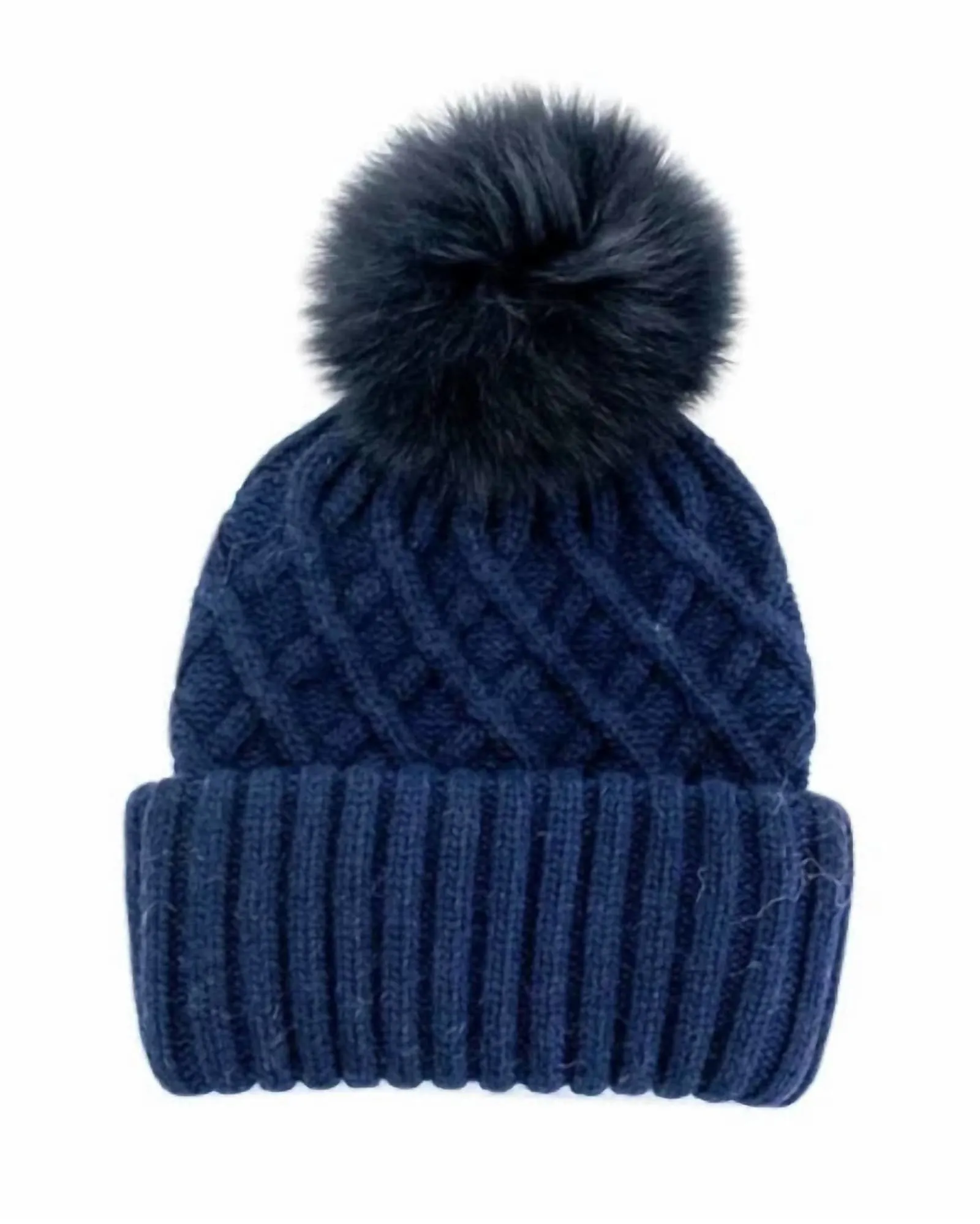 Knit Hat With Fur Pom In Navy | Navy