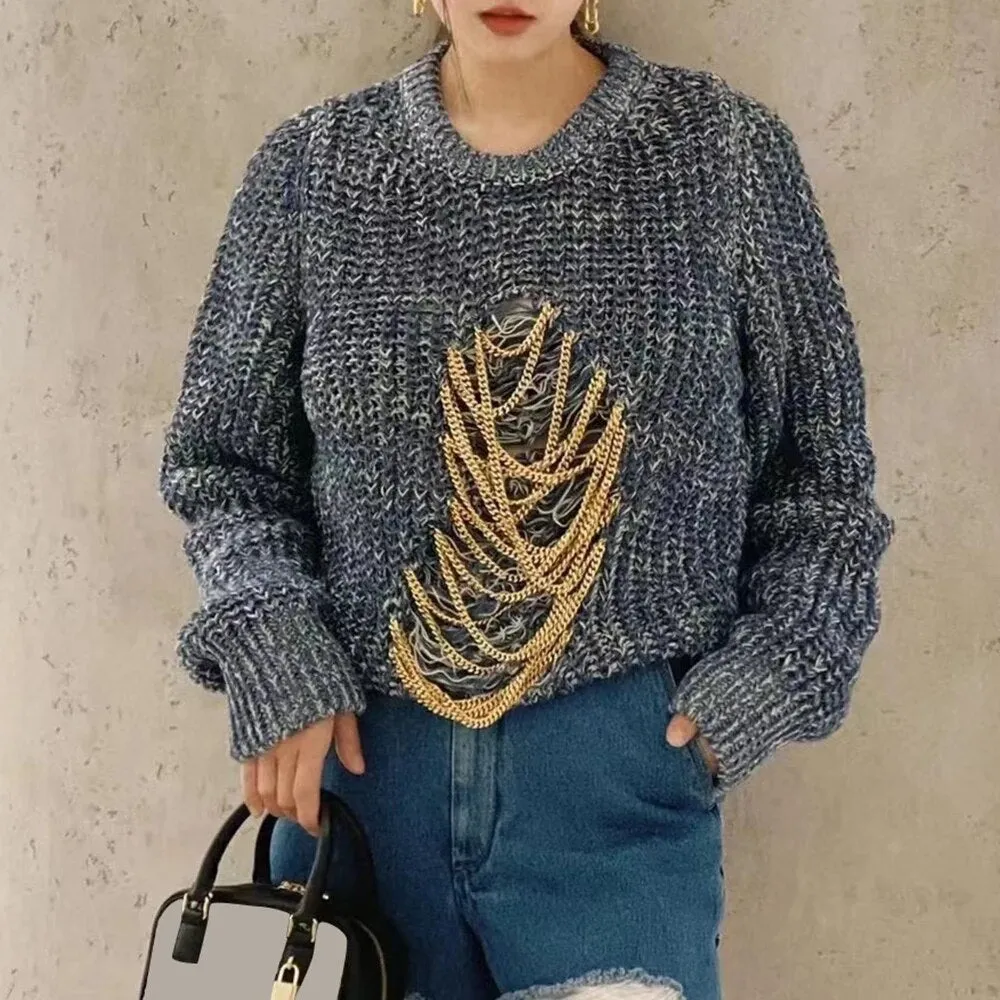 Knitting Loose Sweater For Women Round Neck Long Sleeve Patchwork Colorblock Pullover Female Clothing Autumn Style