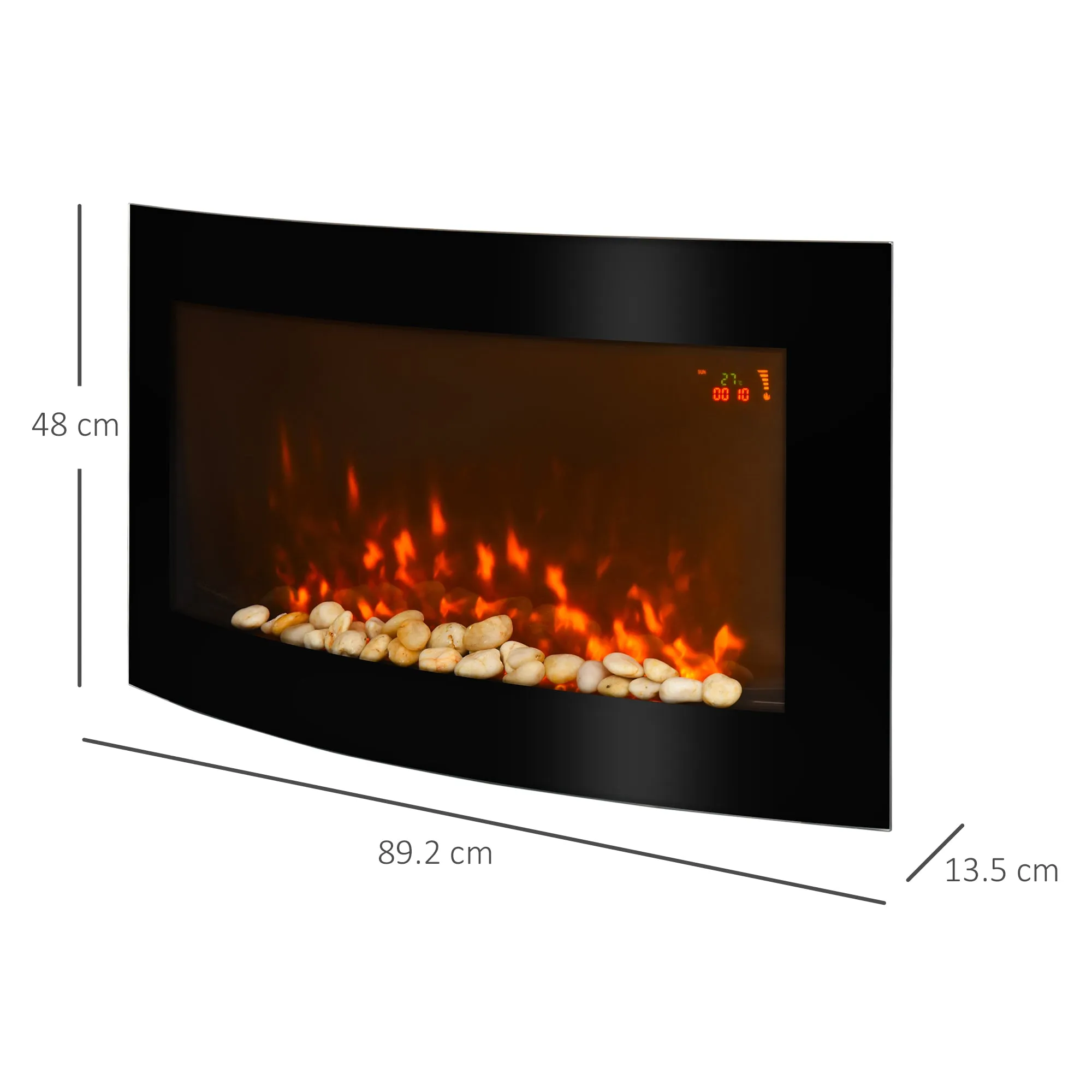 Led Wall Mounted Fireplace Curved Glass Electric Fire Place Fire Place 7 Colour Side Lights Slimline, 1000/2000W, 89.2cm x 48cm