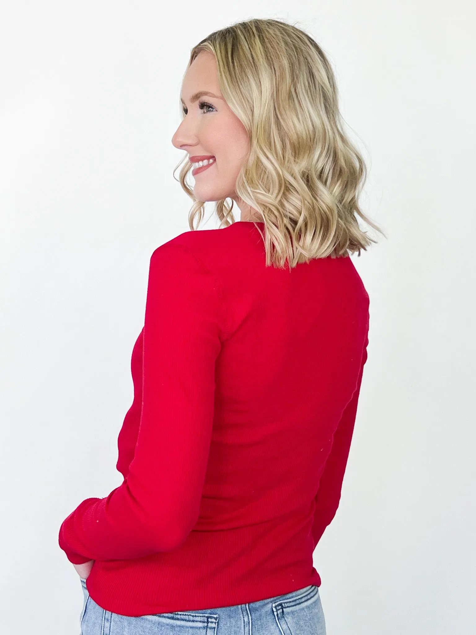 Leia - Long Sleeve V-Neck Thermal Top (Red)