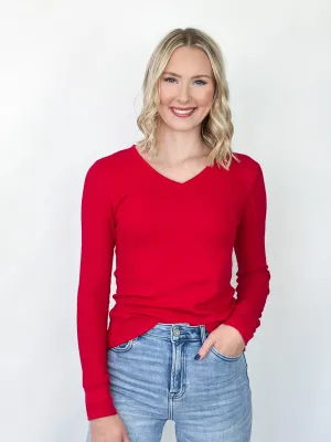 Leia - Long Sleeve V-Neck Thermal Top (Red)