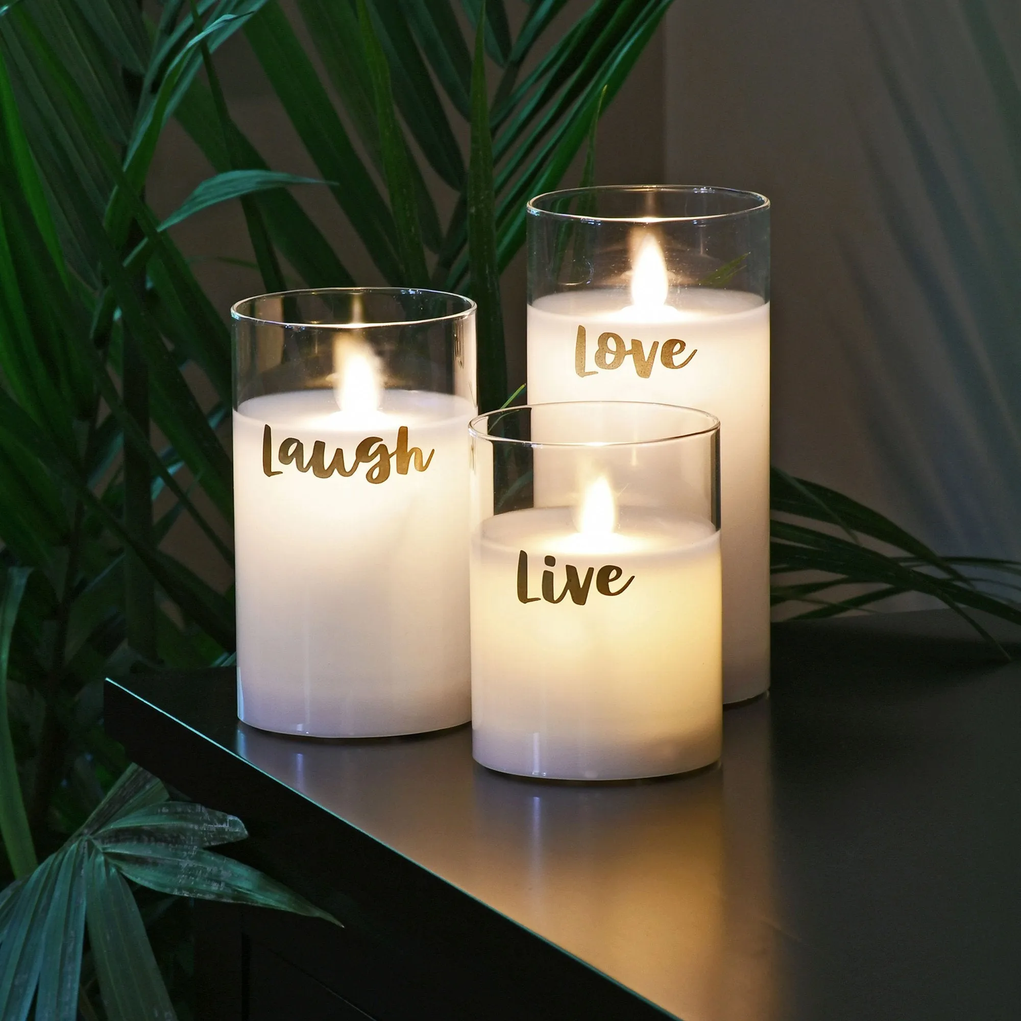 Live Laugh Love Moving Flame LED Glass Candles