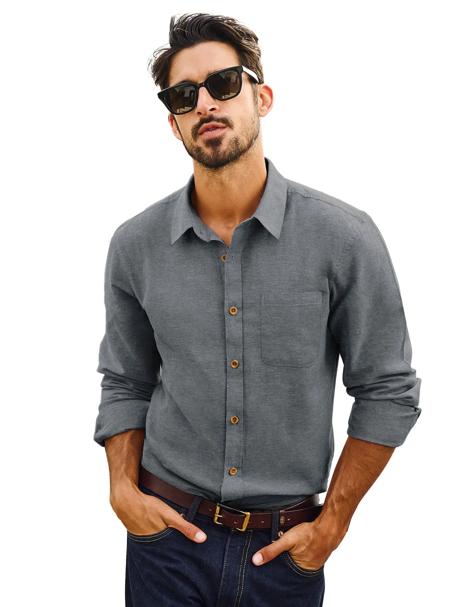 Men Cotton & Linen Shirt Casual Long Sleeve Lapel Collar Curved Hem Tops