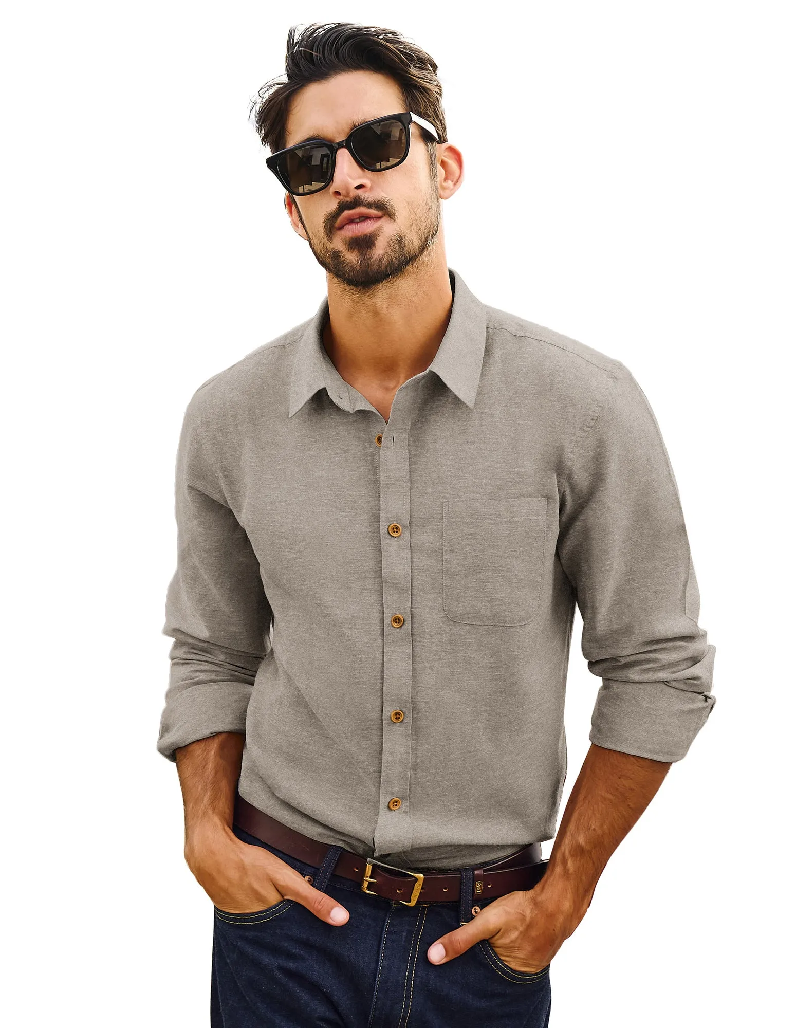 Men Cotton & Linen Shirt Casual Long Sleeve Lapel Collar Curved Hem Tops