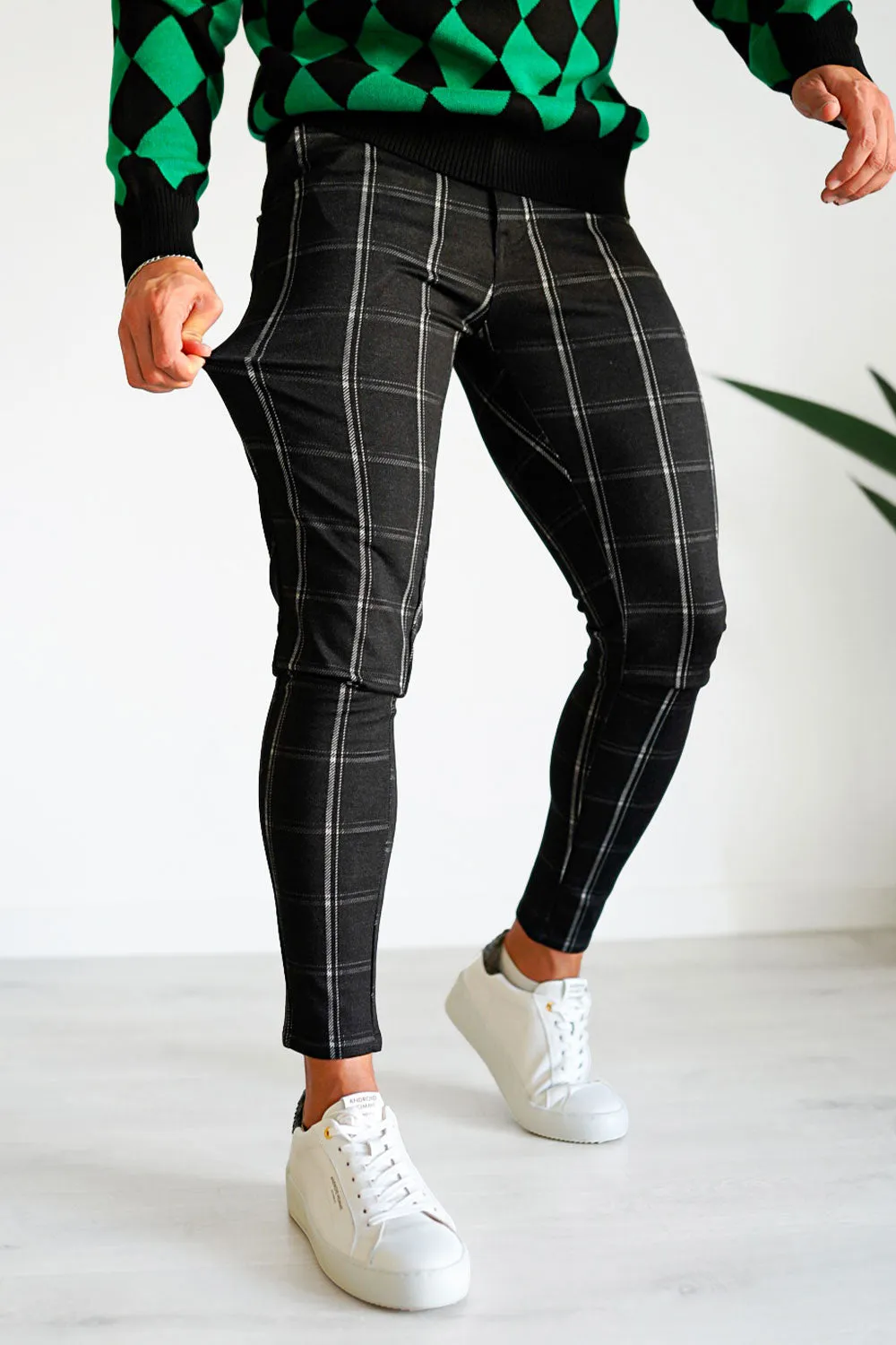 Mens Black Plaid Skinny Pant