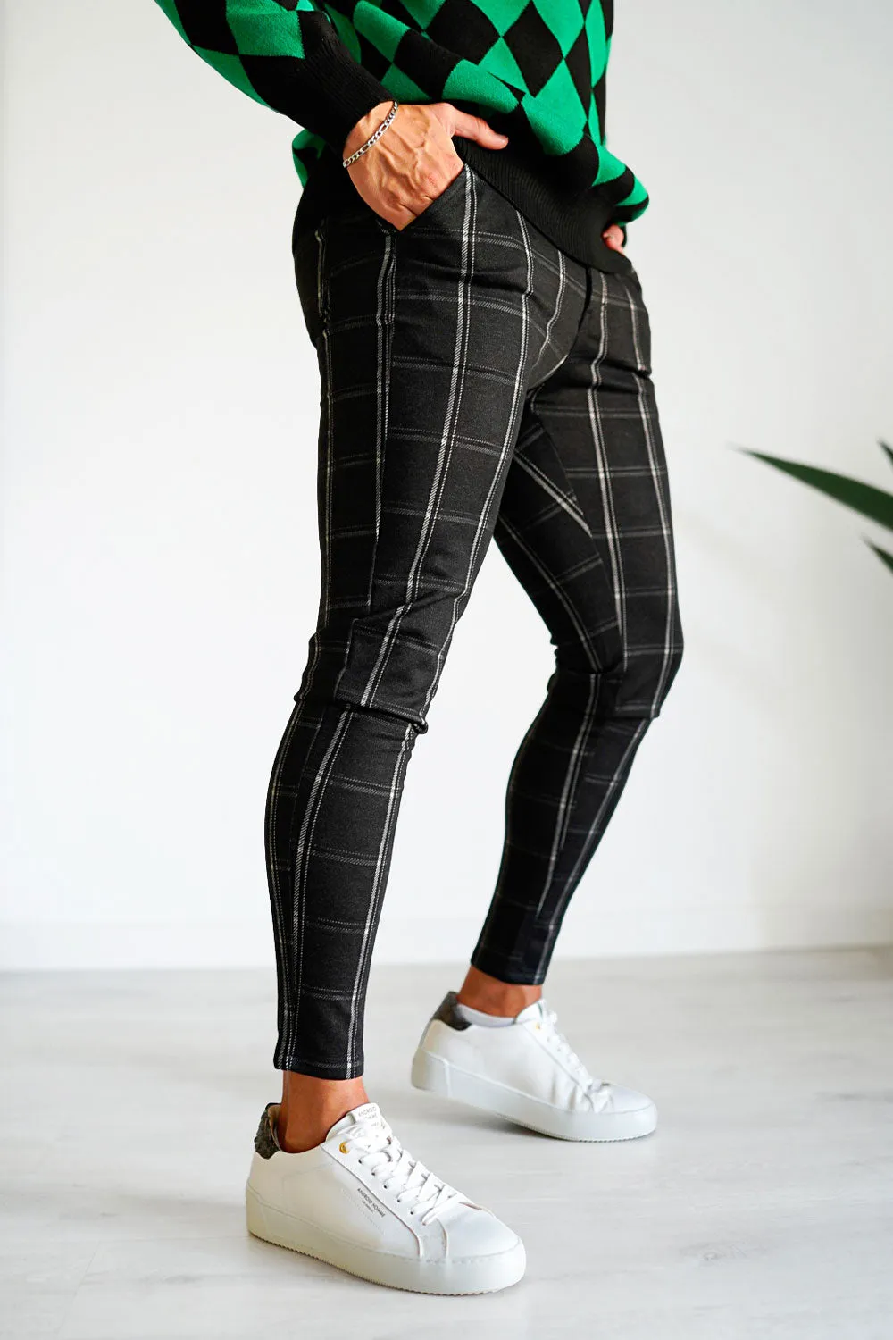 Mens Black Plaid Skinny Pant