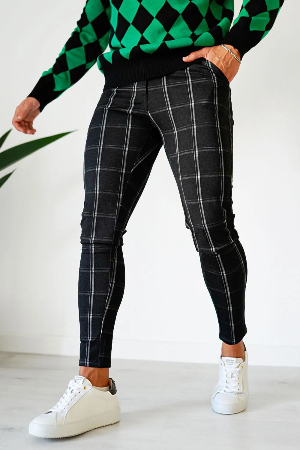 Mens Black Plaid Skinny Pant