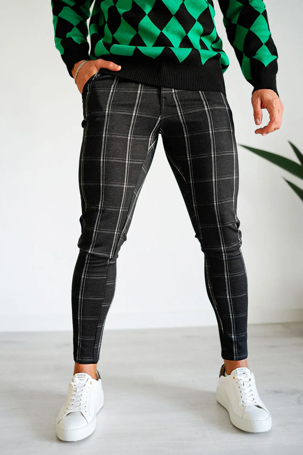 Mens Black Plaid Skinny Pant