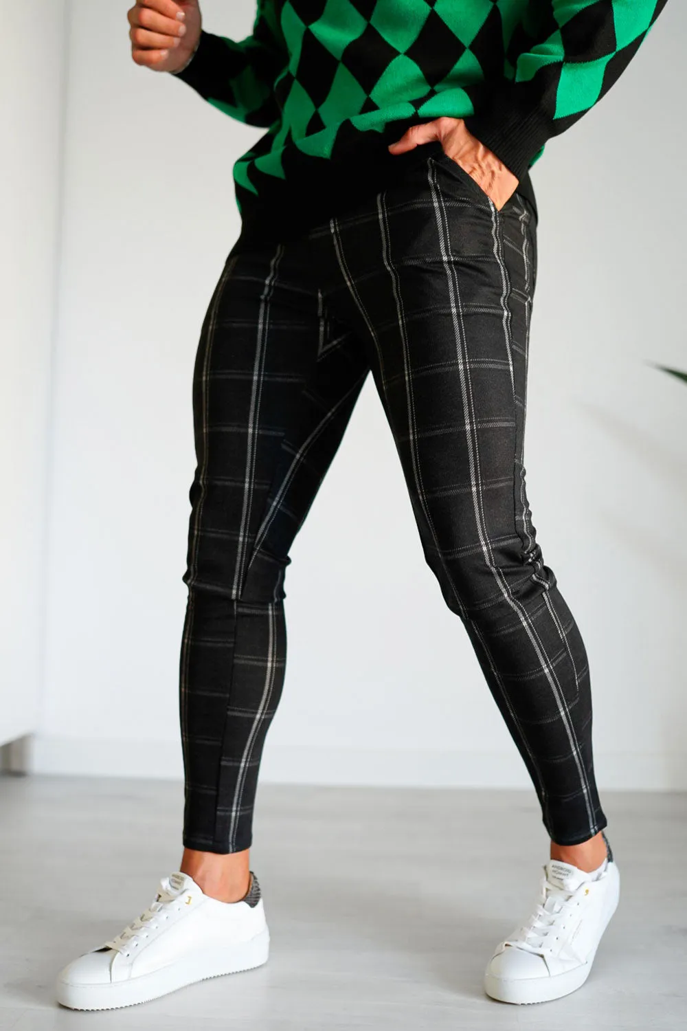 Mens Black Plaid Skinny Pant