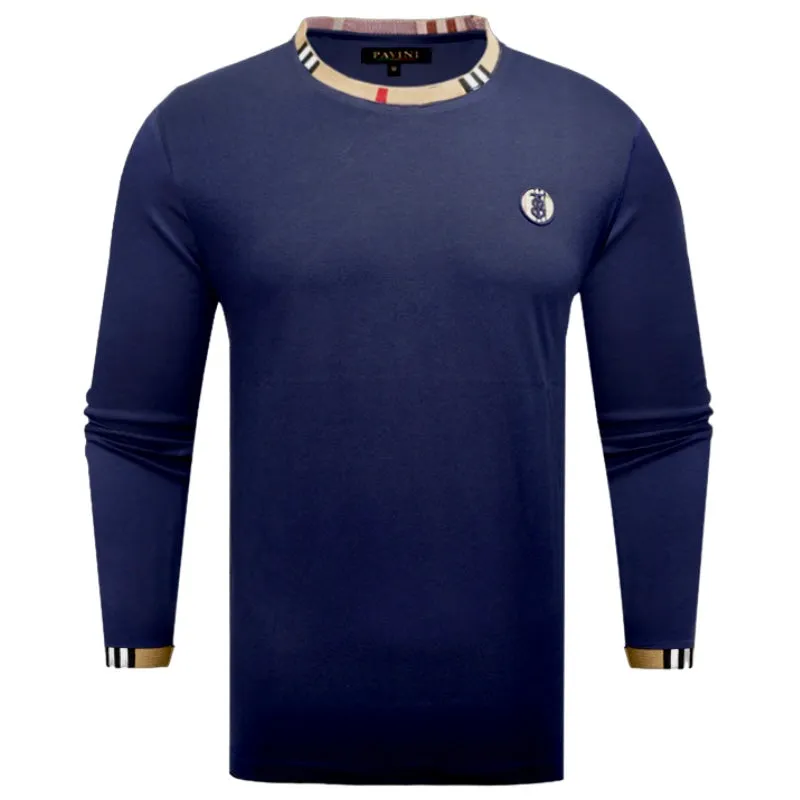 Men's Blue Crewneck Long Sleeves T-shirt Fashion Design