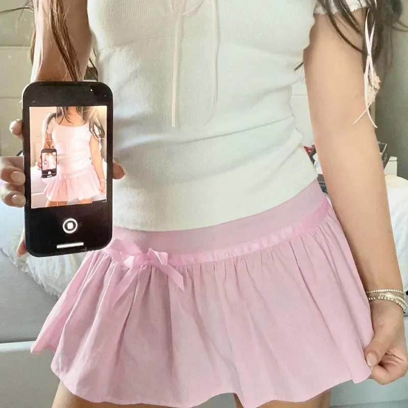 Metaversmall Hotsweet Pink Spliced Summer Mini Skirt Bow Korean Fashion Cute Folds A-Line Women Skirts Coquette Clothes Girls New