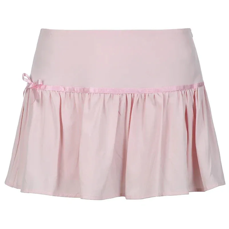 Metaversmall Hotsweet Pink Spliced Summer Mini Skirt Bow Korean Fashion Cute Folds A-Line Women Skirts Coquette Clothes Girls New