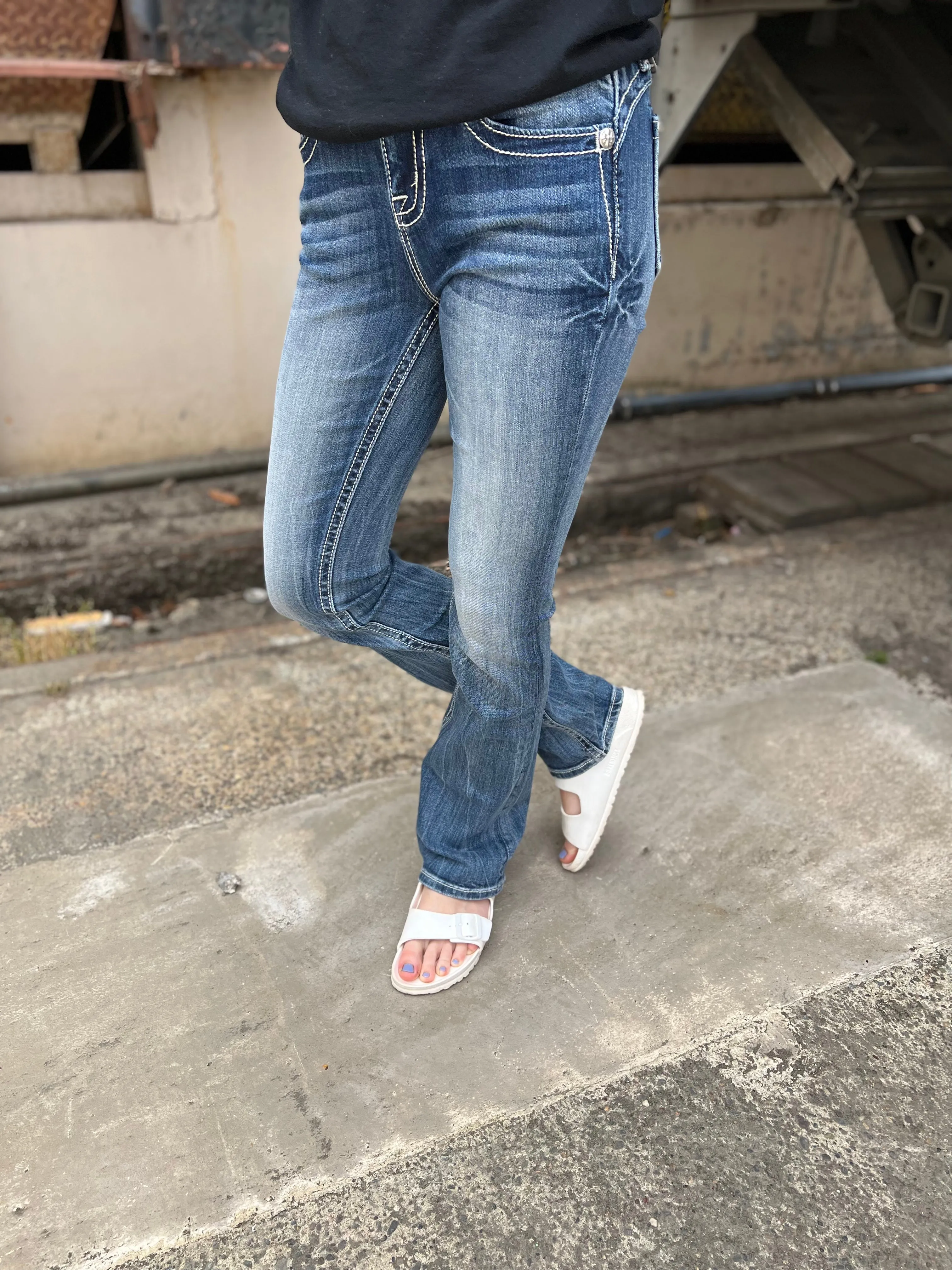 Miss Me Gold Stitch Leaves Bootcut Jeans