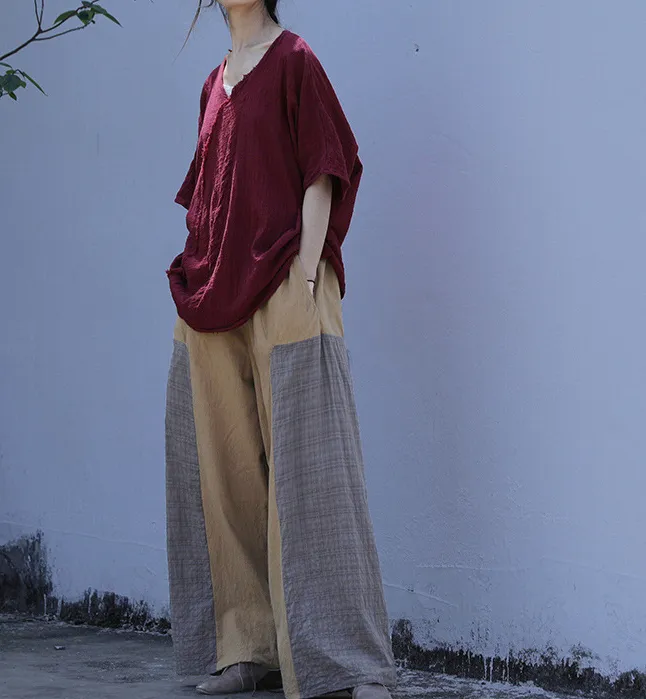 Patchwork Autum Spring Linen Wide Leg Women Casual Pants Elastic Waist WG05131