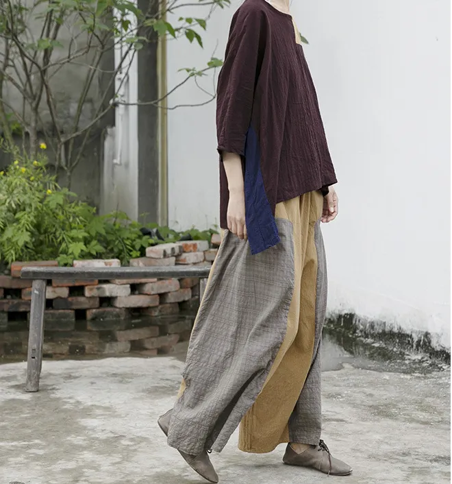 Patchwork Autum Spring Linen Wide Leg Women Casual Pants Elastic Waist WG05131