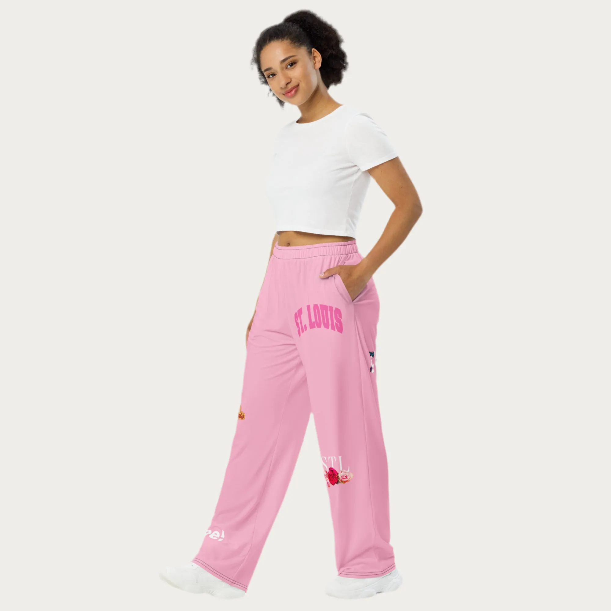 Pink All-over print unisex wide-leg pants