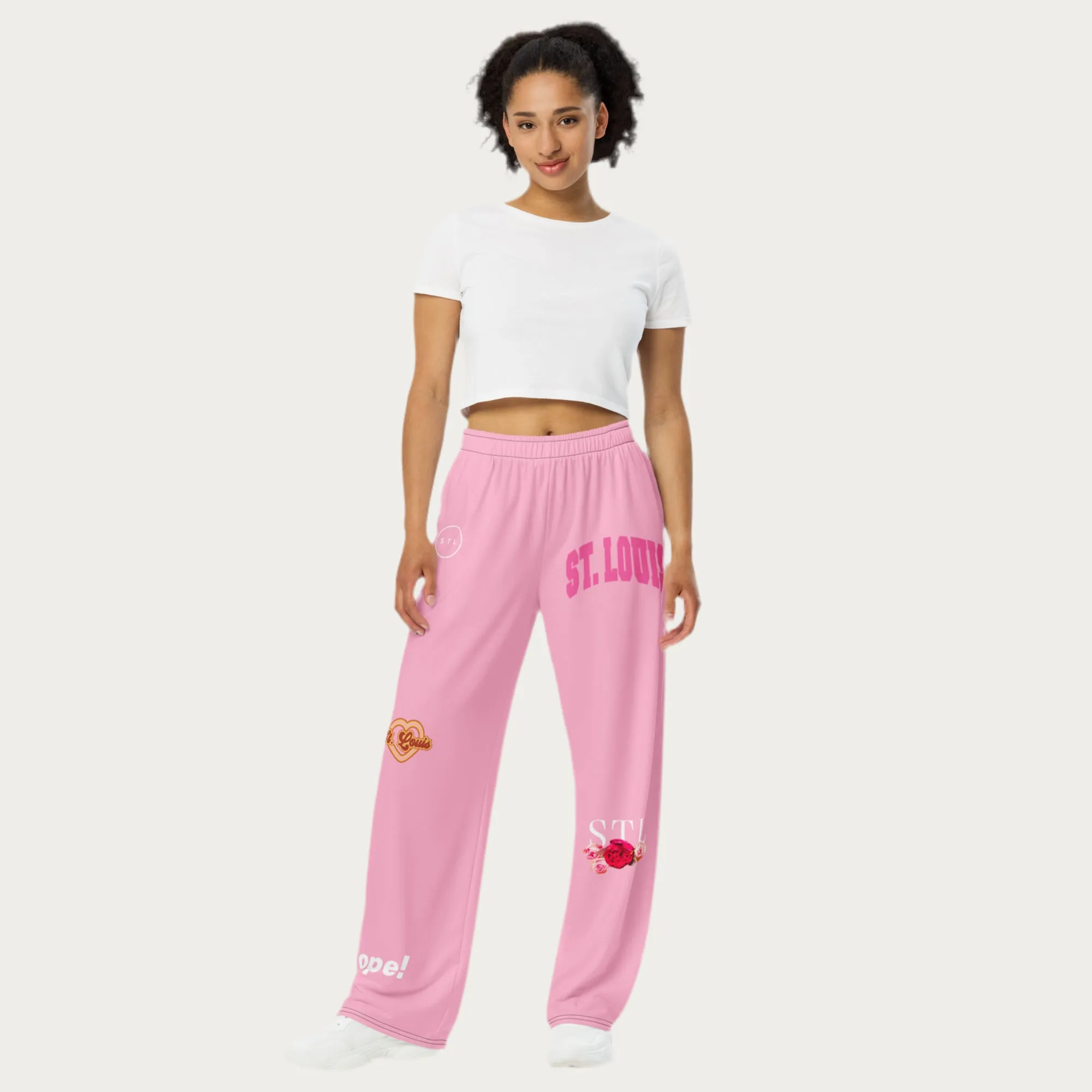 Pink All-over print unisex wide-leg pants