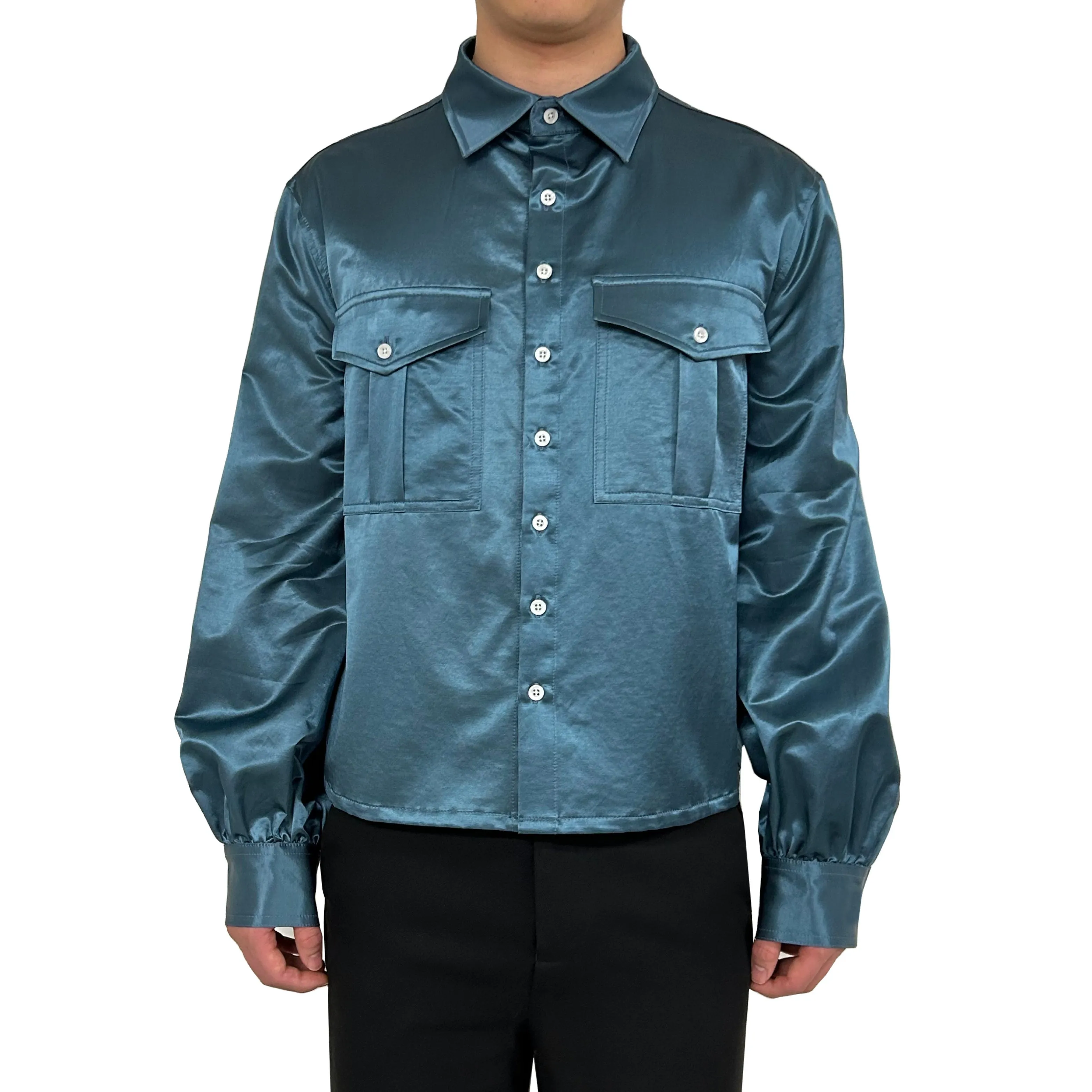 Satin Military Blouse in Teal Blue