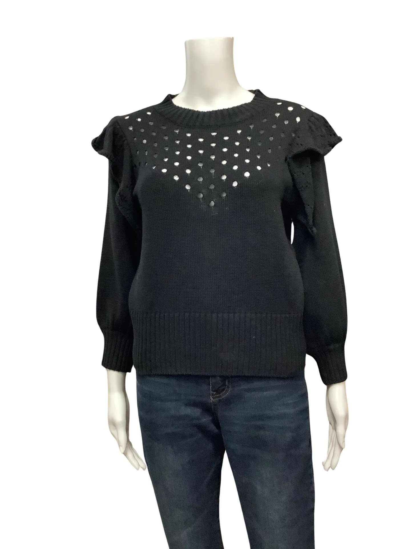 Self Contrast Women's Sweater Black Ruffle Crop Size: L