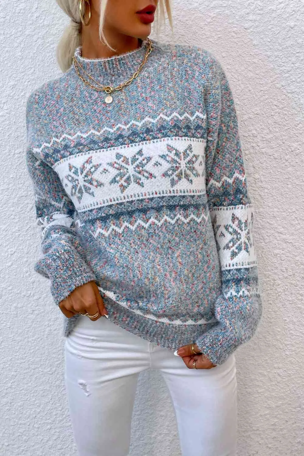 Snowflake Pattern Mock Neck Sweater