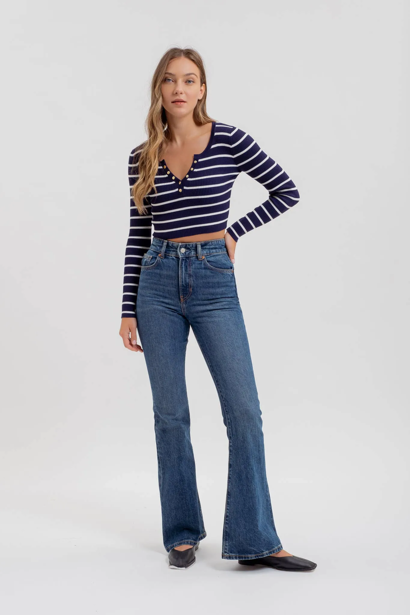 STRIPE HENLEY LONG SLEEVE SWEATER KNIT CROP TOP