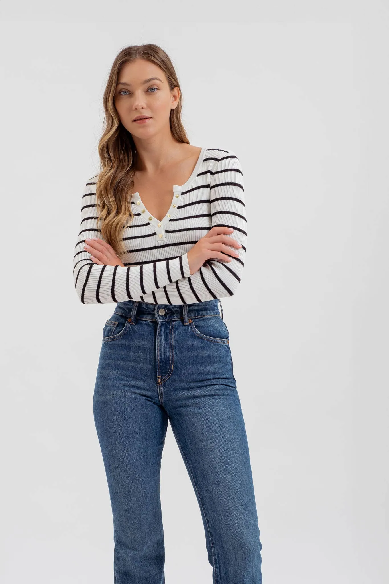 STRIPE HENLEY LONG SLEEVE SWEATER KNIT CROP TOP