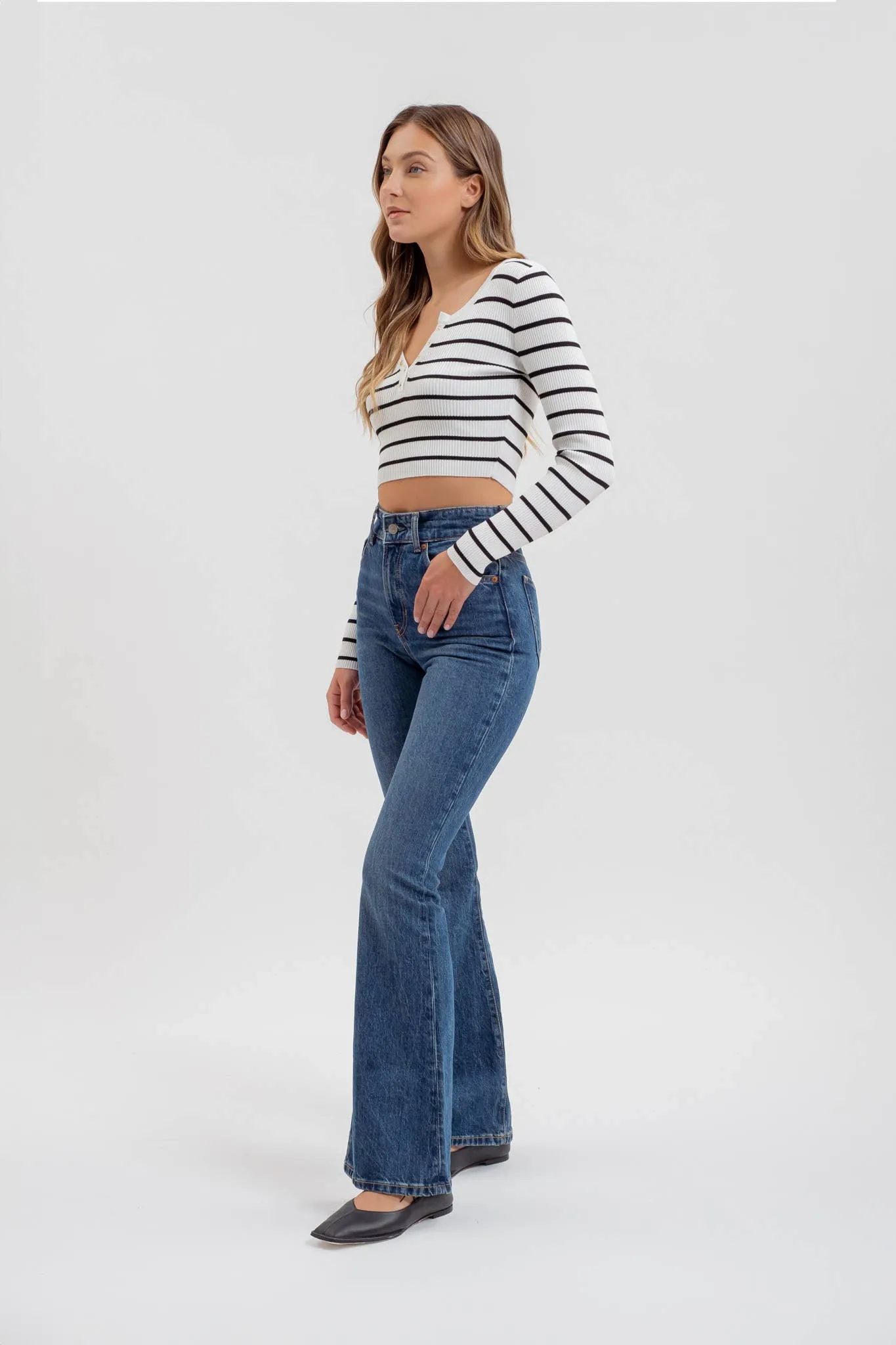 STRIPE HENLEY LONG SLEEVE SWEATER KNIT CROP TOP